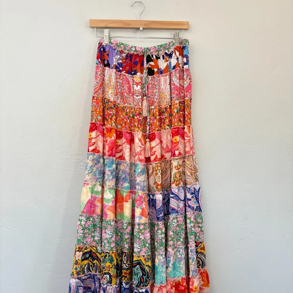 White Burch Floral Maxi Skirt Women Large Multicolor Tiered Gypsy Pull On Flaw - Picture 2 of 14